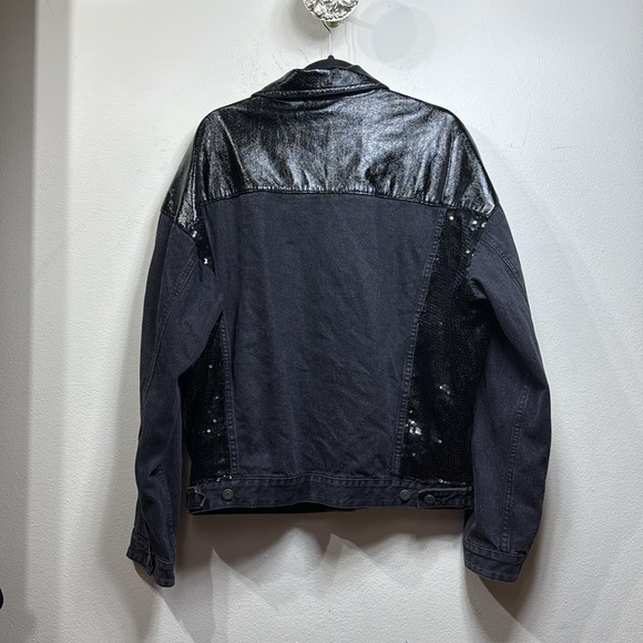 (P1) ASOS DESIGN oversized sequin and leather denim jacket in washed black,Sz L - Picture 7 of 16
